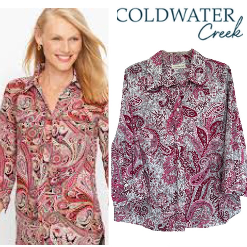 Paisley Blouse Coldwater Creek Button Front Rose Shirt Pink Purple White Size XL